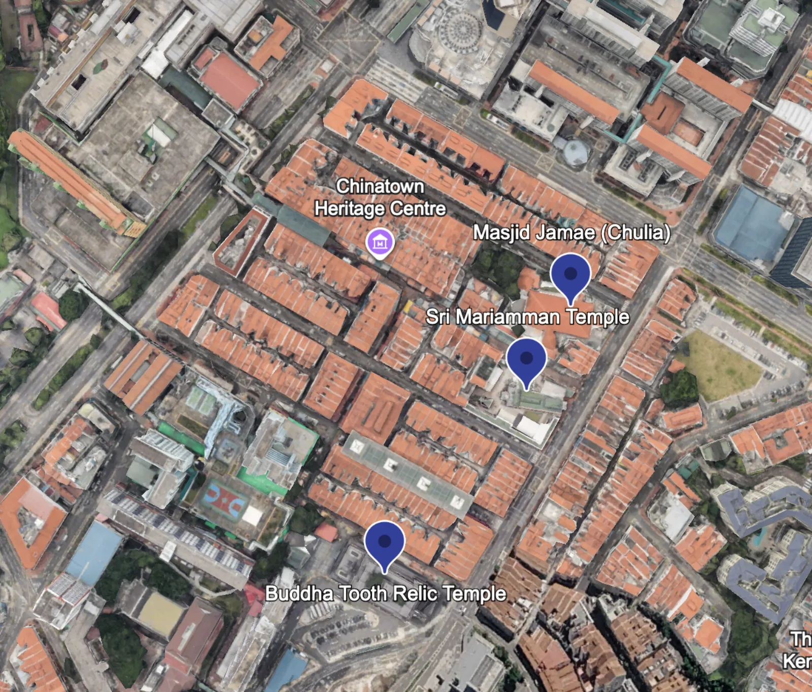 Aerial map showing Masjid Jamae (Chulia), Sri Mariamman Temple and Buddha Tooth Relic Temple in Singapore's Chinatown